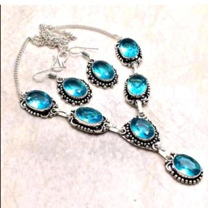 New simulated Blue topaz sterling silver necklace & earrings